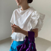 韩国chic夏季小众气质圆领不规则设计荷叶边拼接宽松休闲短袖衬衫