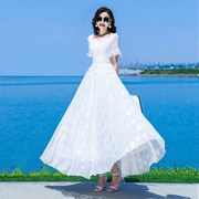 白色连衣裙女长款2024夏季雪纺大摆长裙到脚踝收腰显瘦沙滩裙