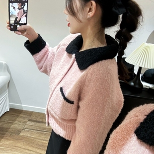 韩国东大门黑色翻领粉色系扣开衫长袖针织衫毛衣