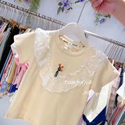 A353女童夏季短袖T恤洋气蕾丝花边刺绣花朵儿童纯棉薄款上衣