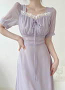 夏季短袖雪纺紫色连衣裙高腰宫廷，风少女蕾丝法式温柔香芋中长裙潮