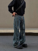 美式复古泼墨做旧牛仔裤男高街cleanfit深蓝色直筒宽松微喇长裤子