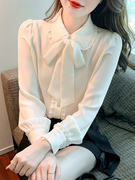 白色蝴蝶结衬衫女长袖2024年春秋设计感小众气质系带雪纺上衣