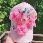 帽子女童小清新花朵，蕾丝流苏珍珠鸭舌帽，夏季遮阳针织棒球帽韩版