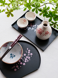 日本制进口树脂漆器黑色仿木纹浪漫樱花半月茶具餐具托盘茶盘