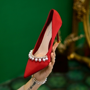 婚靴女红色高跟鞋珍珠名媛风宴会鞋细跟2024年春尖头浅口单鞋