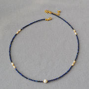 众小设计刻面青金石串珠，淡水米粒小珍珠，极细简约气质短款项链