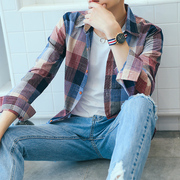 夏季格子长袖衬衫男士韩版修身青年潮流帅气衬衣，情侣休闲薄款寸衫