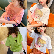 儿童卡通印花短袖t恤女童夏装纯棉中大童绿白粉红色韩版洋气上衣