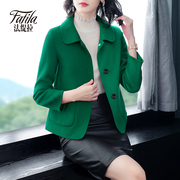 绿色双面零羊绒大衣女，短款秋冬2023韩版双面，呢羊毛呢外套百搭