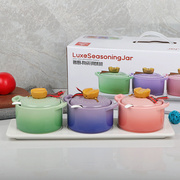 高颜值陶瓷调味罐彩色，陶瓷调料缸配勺三件套调料，盒调味盒厨房盐罐