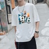 夏季韩版宽松潮流五分袖T恤男士ins潮牌百搭卡通印花短袖上衣