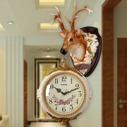 个性鹿头装饰壁挂时尚静音，挂表美式家用双面，挂钟客厅钟表欧式创意