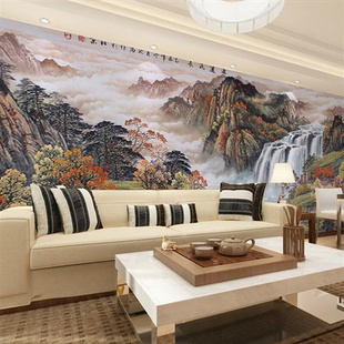 流水生财中式大型壁画，办公室大气山水墙纸，沙发客厅电视背景墙壁布