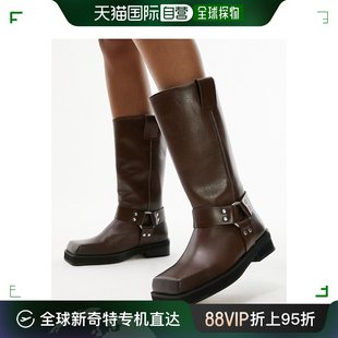 香港直邮潮奢topshop女士premium红宝石色，皮质骑士棕色靴子