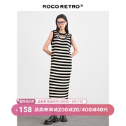 ROCO镂空设计黑色条纹背心裙2024春秋宽松百搭针织连衣裙长裙