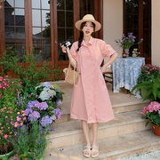 粉色不规则衬衫裙女中长款2023韩版宽松甜美设计感时尚连衣裙