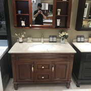 美式橡木落地浴室柜组合大理石洗手洗漱台洗脸面盆柜实木卫浴镜柜