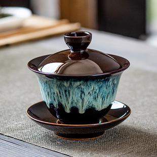 窑变建盏天目釉茶杯三才盖碗泡茶碗大号带盖单个陶瓷功夫茶具家用