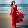 2024红色连衣裙V领修身显瘦超长款大摆裙长裙海边旅游度假沙滩裙