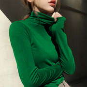 绿色高领打底衫女秋冬薄款减龄内搭针织衫洋气堆堆领修身别致毛衣