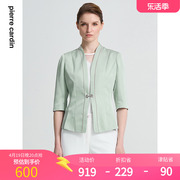 皮尔卡丹女装24年春季绿色白色，长袖西服外套，精致上衣c41ul04
