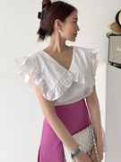 韩国chic夏季减龄木耳边娃娃领无袖套头衬衫+中长款A字半身裙套装