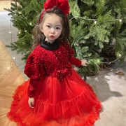 女童冬季连衣裙红色纱裙女宝宝，公主裙小女孩过年衣服，冬装儿童裙子