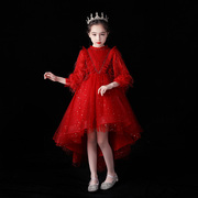 女童红色新年礼服公主，裙蓬蓬纱儿童，晚礼服女孩高端钢琴演出服冬季