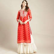 印度进口女装棉纱刺绣民族风服饰中长款上衣双层 红色春