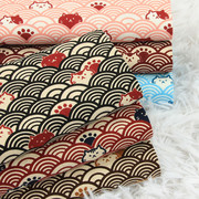 台湾产加厚棉布和风日系猫咪波纹印花布料 手工 口金包包面料纯棉