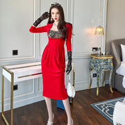 丝绒红色礼服修身法式气质蕾丝中长款裙子本命年过年喜庆女装时尚