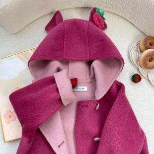 草莓熊双面(熊双面)羊毛，大衣儿童可爱卡，通连帽毛呢女童中长款玫粉色外套