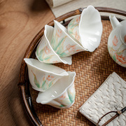 夏禾茶具白瓷手绘郁金香花瓣茶杯，手工薄胎主人，杯陶瓷创意单品茗杯