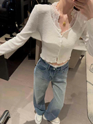 新款小香风蕾丝拼接V领针织开衫辣妹甜美修身长袖搭配牛仔裤一套