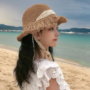 ins款草帽女夏天可折叠沙滩帽女度假遮阳帽蕾丝系带渔夫帽草帽潮