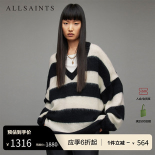 allsaints女士v领套头毛衣针织衫，秋季宽松条纹女装wk103v