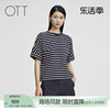 ott商场同款2024夏直身版条纹，拼接翻折边袖口，设计t恤女装