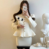 韩国chic冬季法式小香风圆领花朵点缀外套+高腰显瘦包臀半身裙女