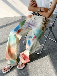 手绘油画阔腿牛仔裤彩色刷漆欧美风男女同款高级感裤子潮牌拖地裤