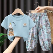 纯棉女童套装2024夏季短袖儿童洋气长裤男宝宝时髦两件套薄款