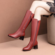 高筒靴红色粗跟中跟全真皮，女靴子2024牛皮骑士，靴冬靴皮靴棉靴