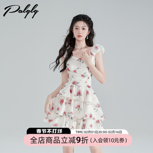 设计感褶皱法式v领连衣裙，女夏季气质玫瑰裙，荷叶边雪纺短款蛋糕裙