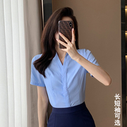职业衬衫女夏修身气质白衬衣(白衬衣，)套装蓝色工装，上衣v领短袖工作服