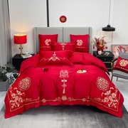 新婚庆(新婚庆)四件套，全棉大红色简约刺绣结婚房喜庆被套纯棉婚礼床上用品