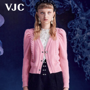 vjc威杰思秋冬女装，粉红色针织长袖宫廷泡泡袖短款开衫