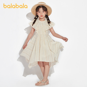 巴拉巴拉连衣裙女中大童，夏季重工珍珠大荷叶袖不规则裙摆裙子