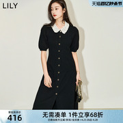 LILY2024春女装气质通勤款复古泡泡袖长款针织连衣裙小黑裙女