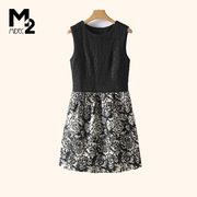 M2品牌折扣店夏季中年时尚洋气蕾丝黑色无袖背心连衣裙