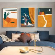 客厅装饰画现代简约轻奢大气橙色，花瓶抽象绿植，北欧风餐厅挂画三联